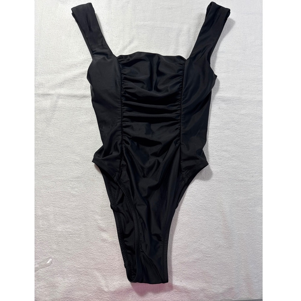 Women Black Ruched Square Neck One Piece Swimsuit High Cut Leg Swimwear Small